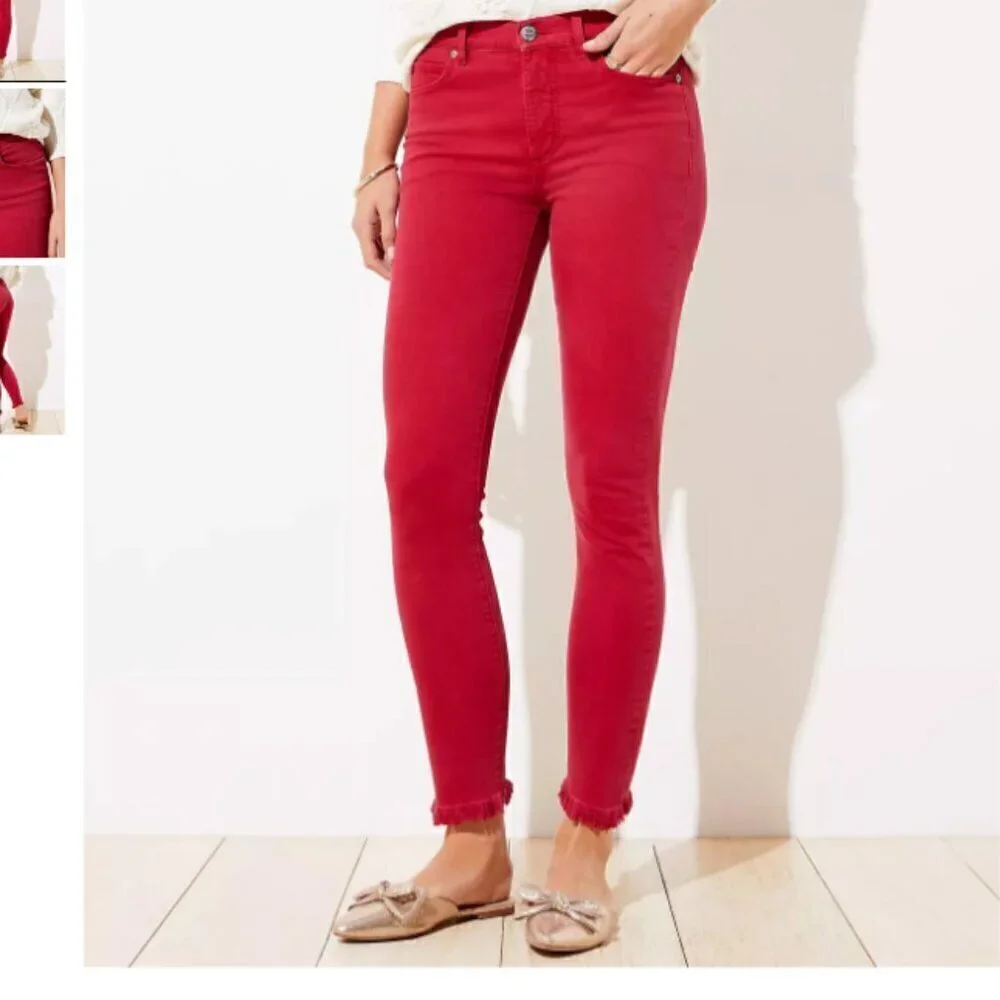 LOFT Red Frayed High Rise Skinny Crop Jeans Size 4